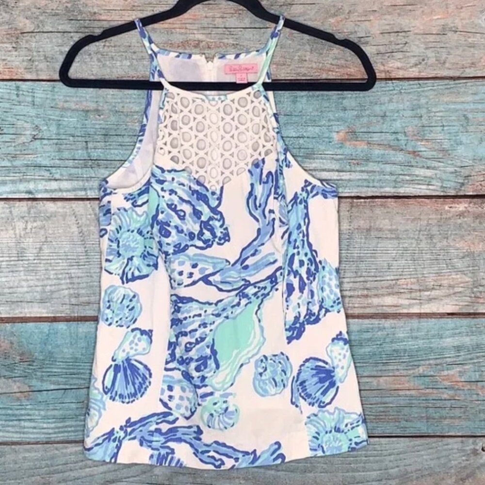 Lily Pulitzer White Blue Tank Top Shirt Size 6 Shells